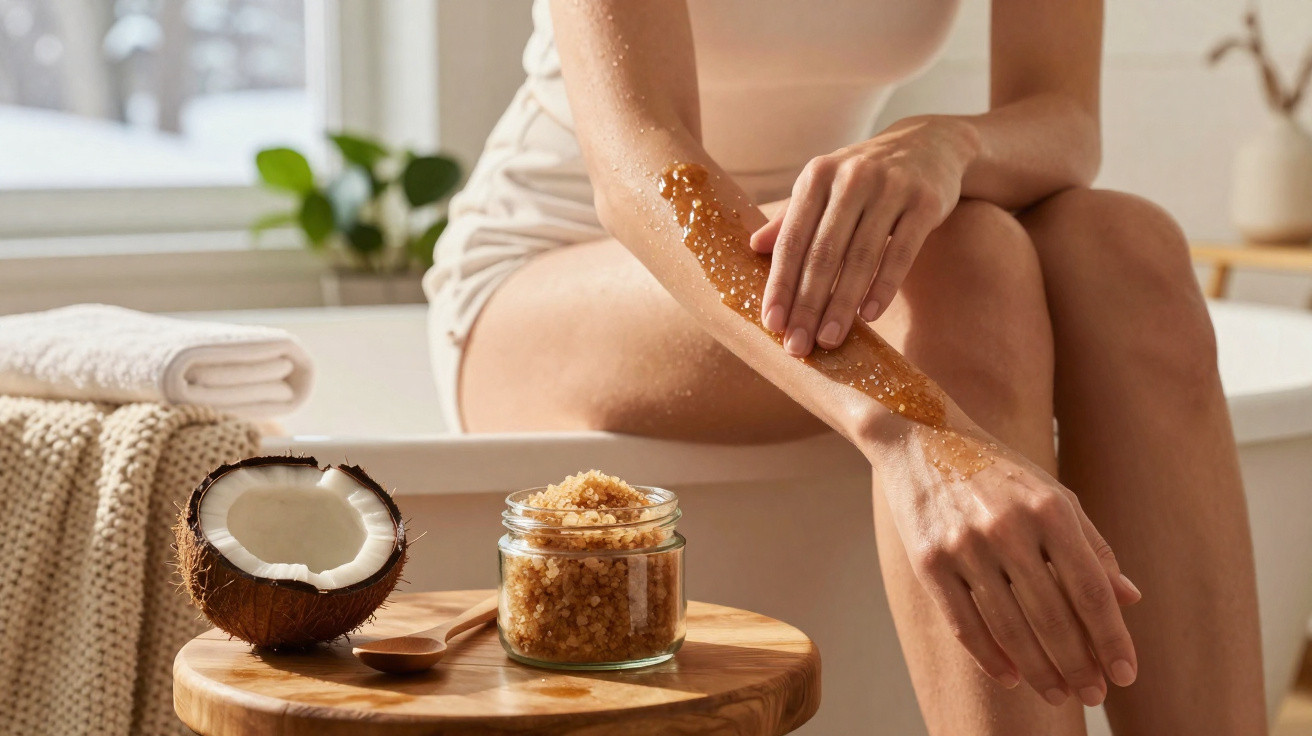 Pessoa aplicando esfoliante natural de coco no braço, com frasco e coco cortado ao lado.