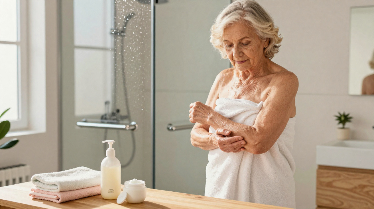 Mulher idosa com toalha branca aplicando creme no braço em banheiro claro e moderno.