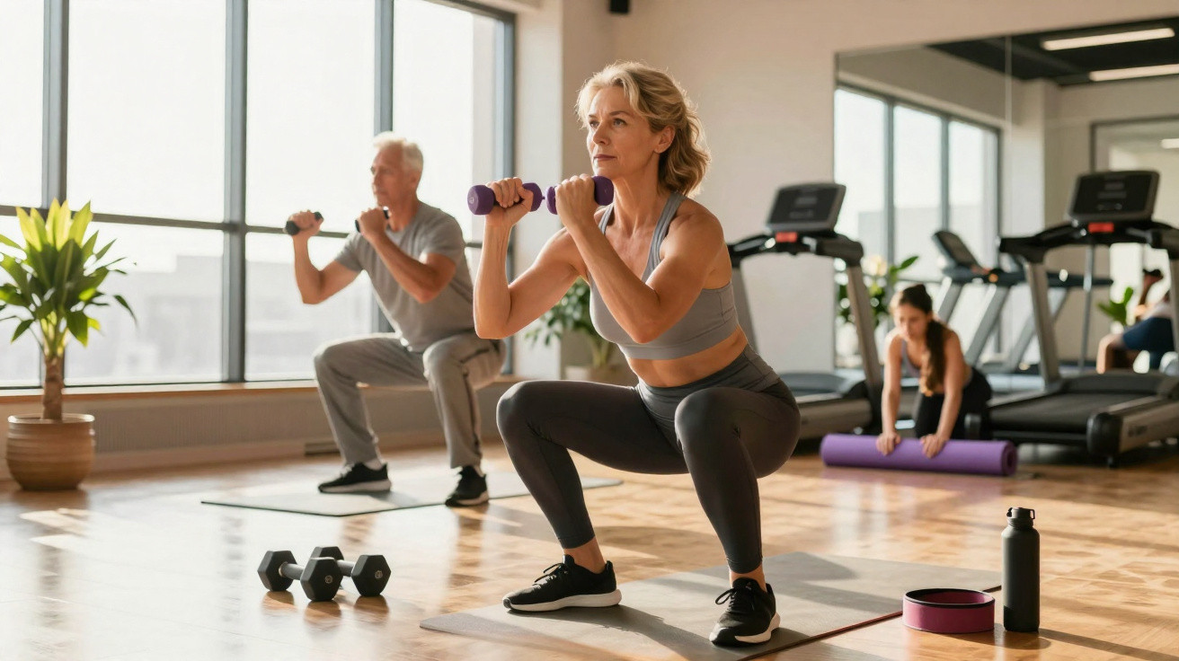 Duas pessoas idosas fazendo agachamento com halteres e uma jovem com tapete de yoga na academia.