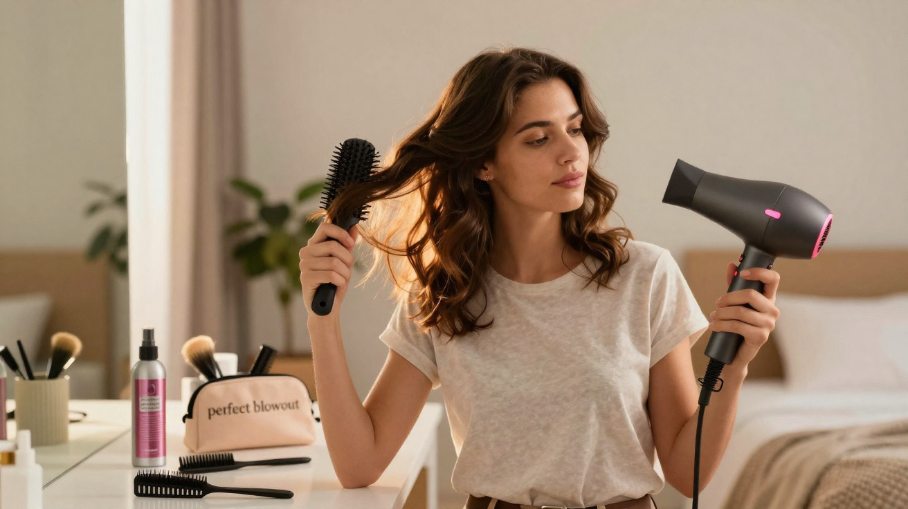 Mulher seca o cabelo com secador e escova enquanto está em frente ao espelho do quarto.