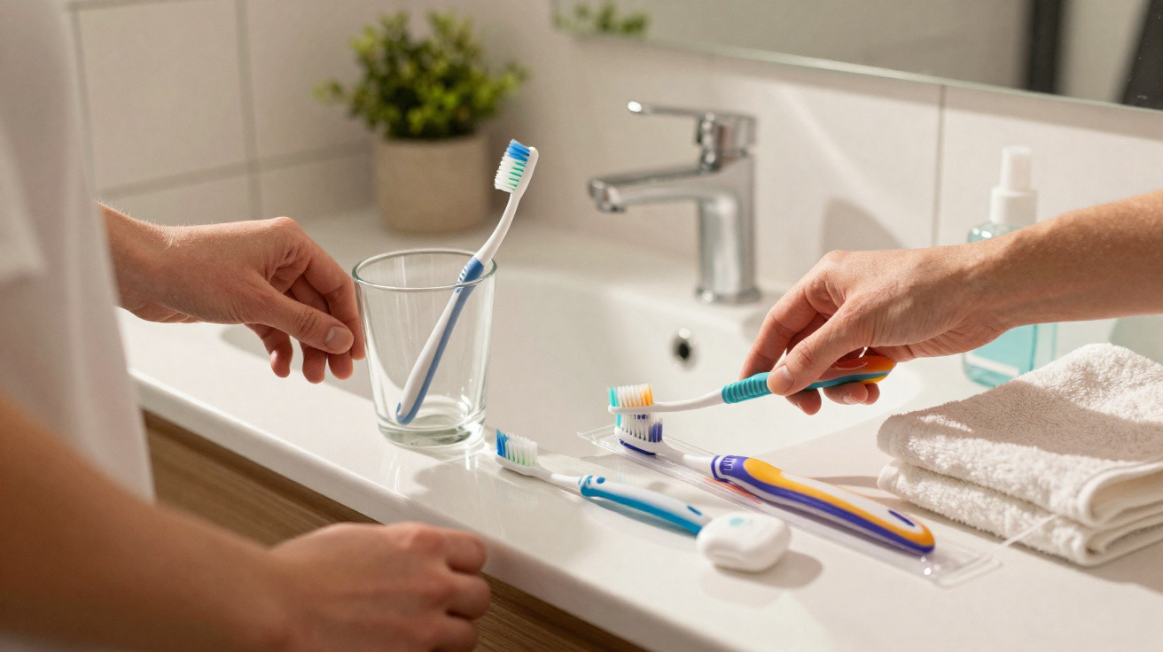 Pessoa segurando escova de dente sobre pia com outras escovas e toalha branca ao lado.