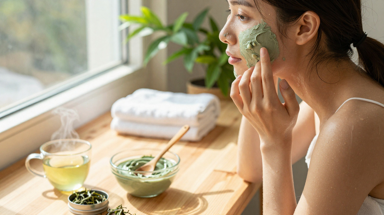 Mulher aplicando máscara facial verde em ambiente iluminado com chá e toalhas ao fundo.