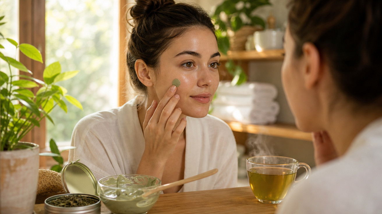 Mulher aplicando máscara facial verde sentada à mesa com chá e plantas ao fundo, olhando no espelho.