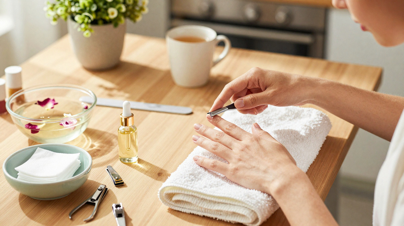 Pessoa cuidando das unhas com alicate, toalha branca, óleo, água com flores e copo de chá na mesa de madeira.
