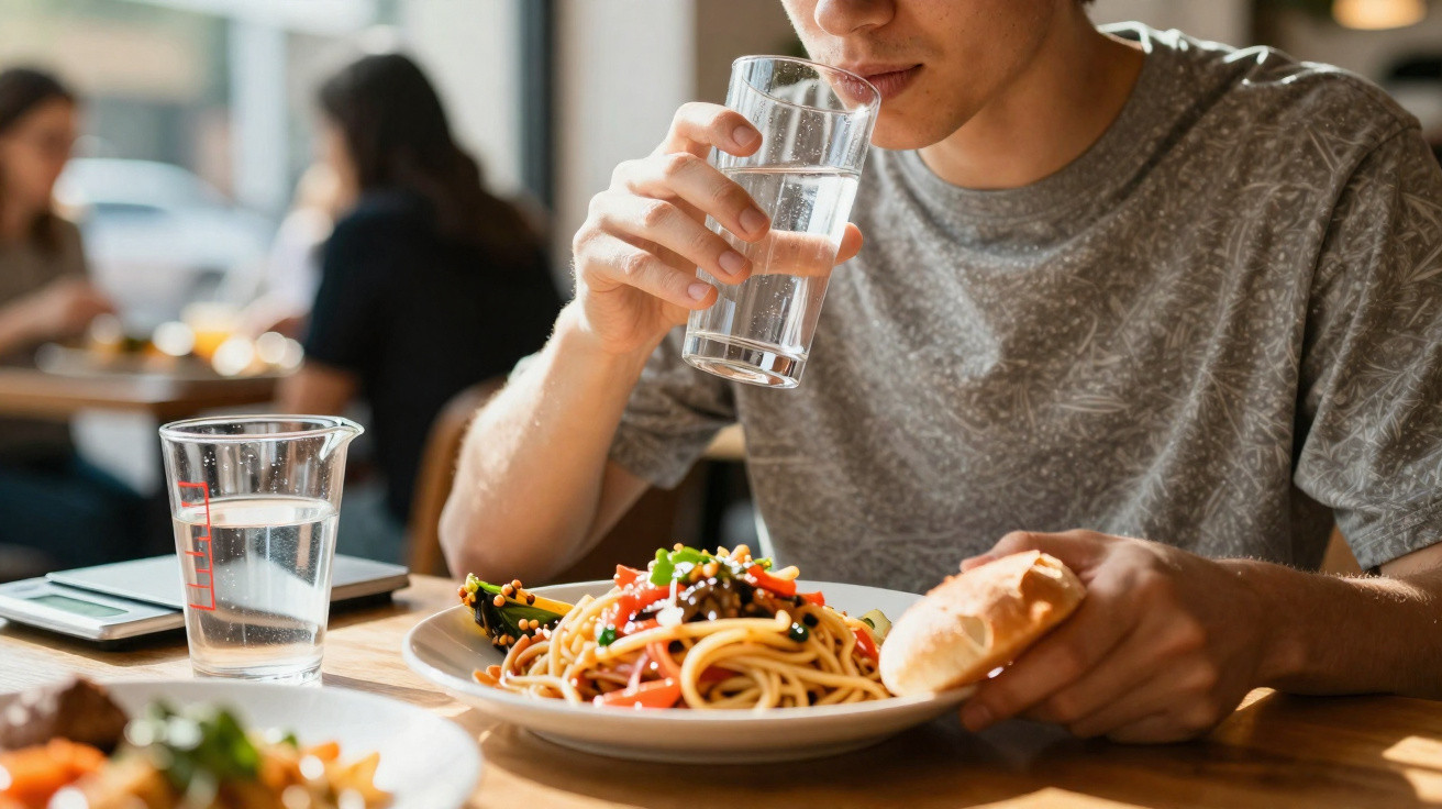 Pessoa bebendo água e segurando pão, com prato de espaguete com legumes e molho em restaurante.