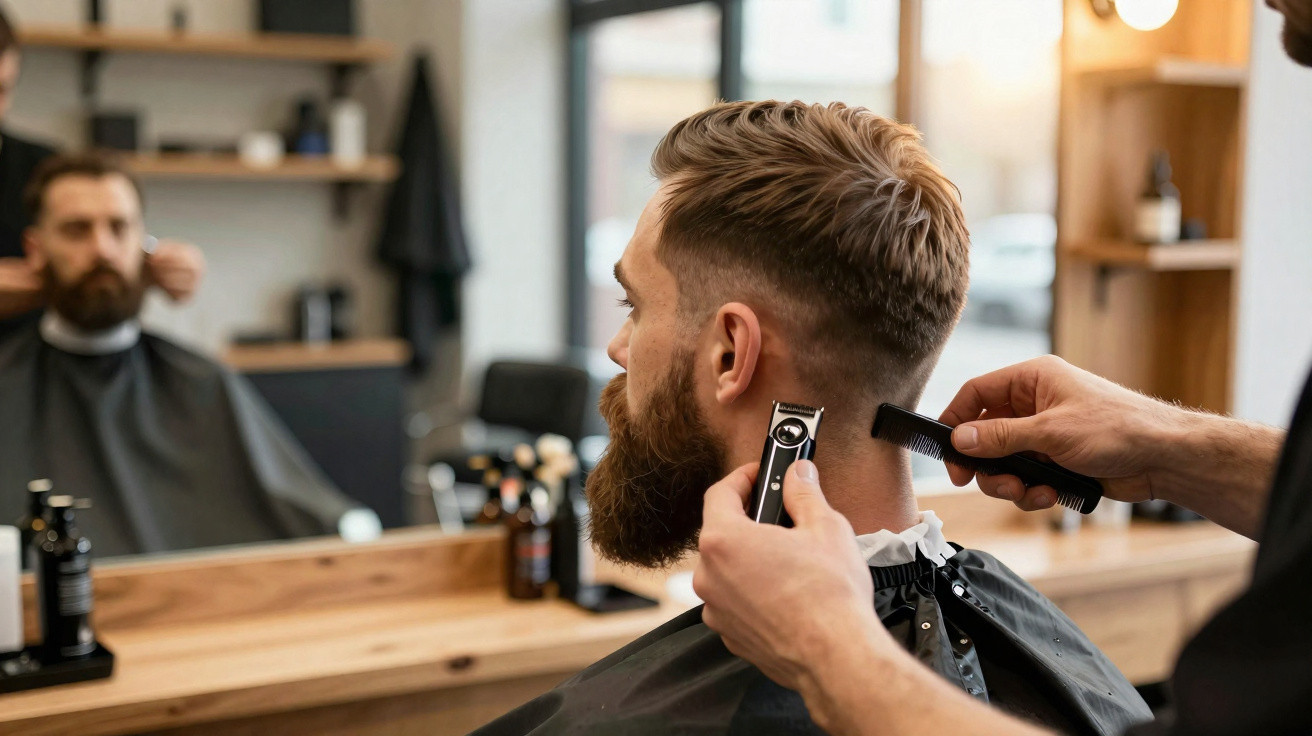 Homem com barba aparando cabelo com máquina de cortar em barbearia moderna.