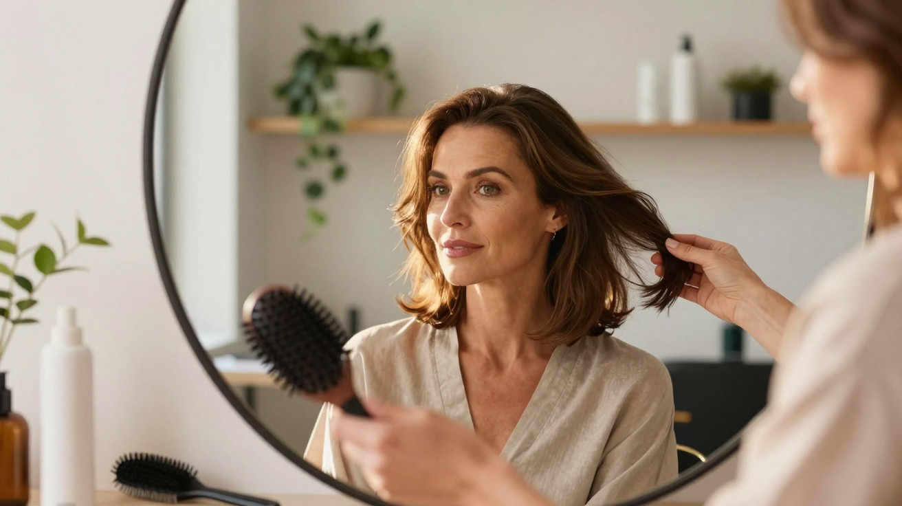 Mulher olhando no espelho enquanto escova e ajeita o cabelo em um ambiente claro e decorado.