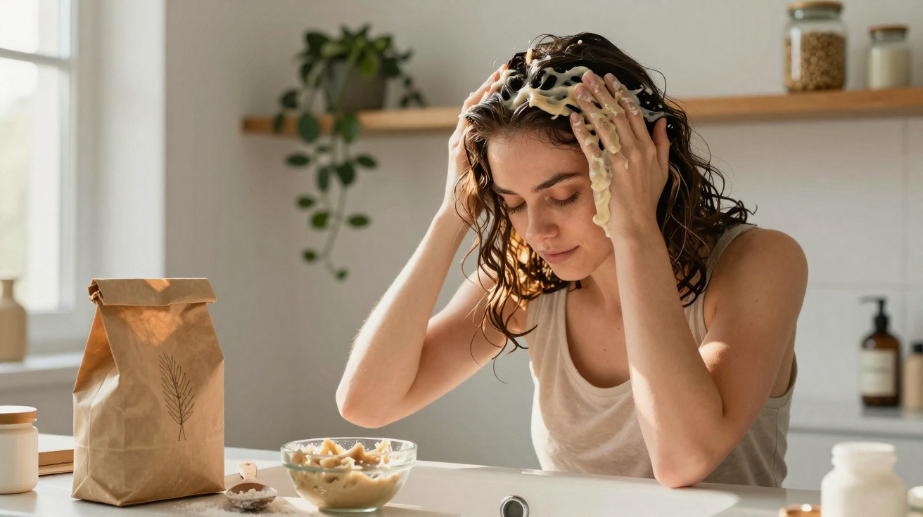 Mulher aplicando máscara caseira no cabelo em cozinha iluminada por luz natural.