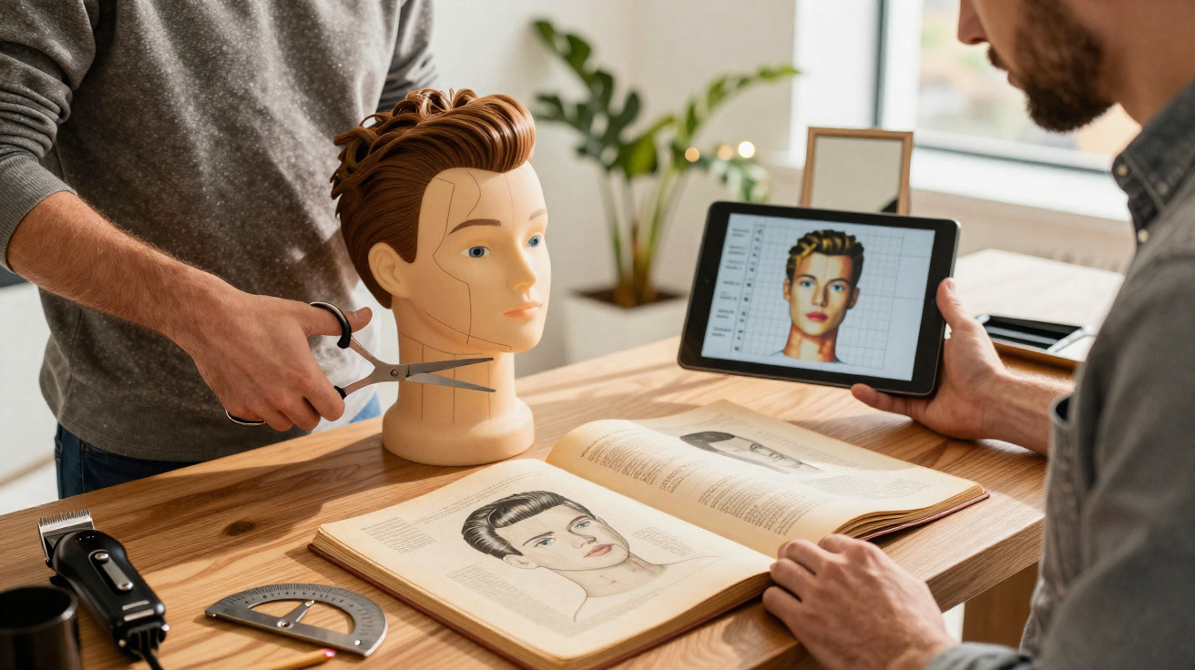 Dois homens estudam cortes de cabelo em boneco, livro aberto e tablet com imagens de penteados masculinos.