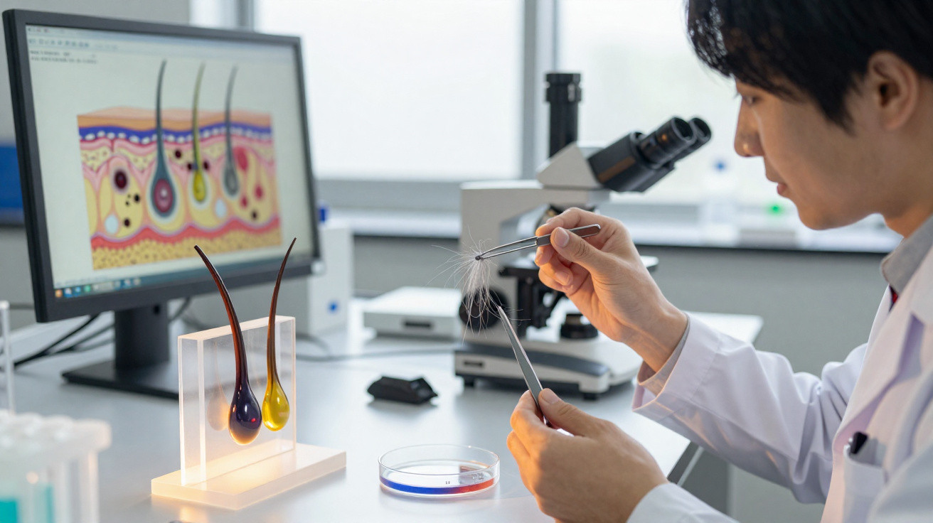 Cientista analisa fios de cabelo com pinças em laboratório com microscópio e imagem da pele na tela do computador.