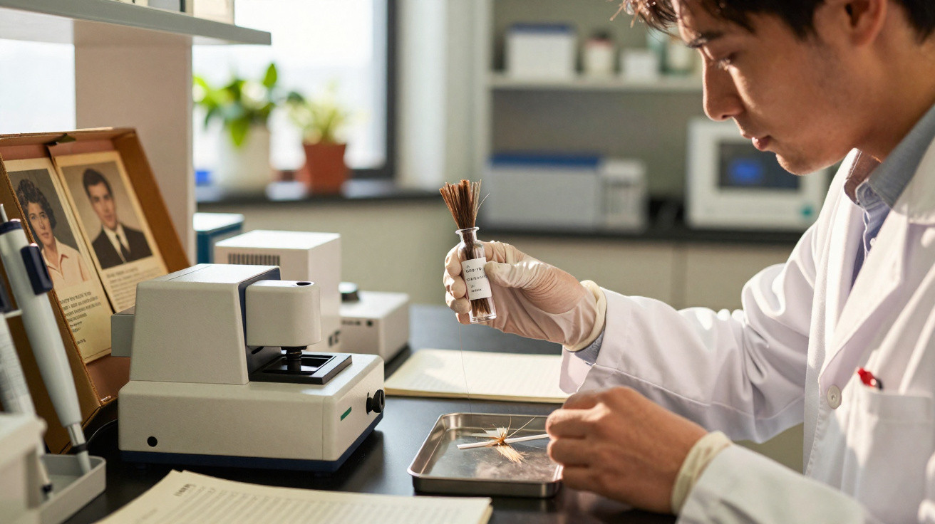 Cientista manuseia amostra de inseto com pinça em laboratório de biologia, usando jaleco e luvas.
