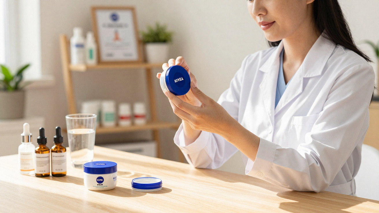 Mulher em jaleco branco segurando creme Nivea em ambiente com produtos de cuidados pessoais.