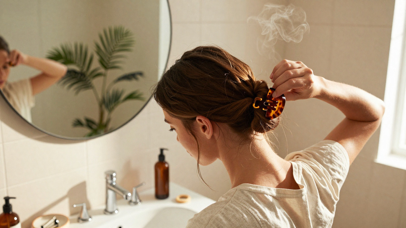 Mulher colocando presilha no cabelo com vapor visível em banheiro com planta e espelho.