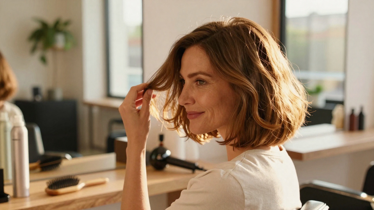 Mulher sorridente com cabelo curto e loiro mexendo nos fios em salão de beleza iluminado.