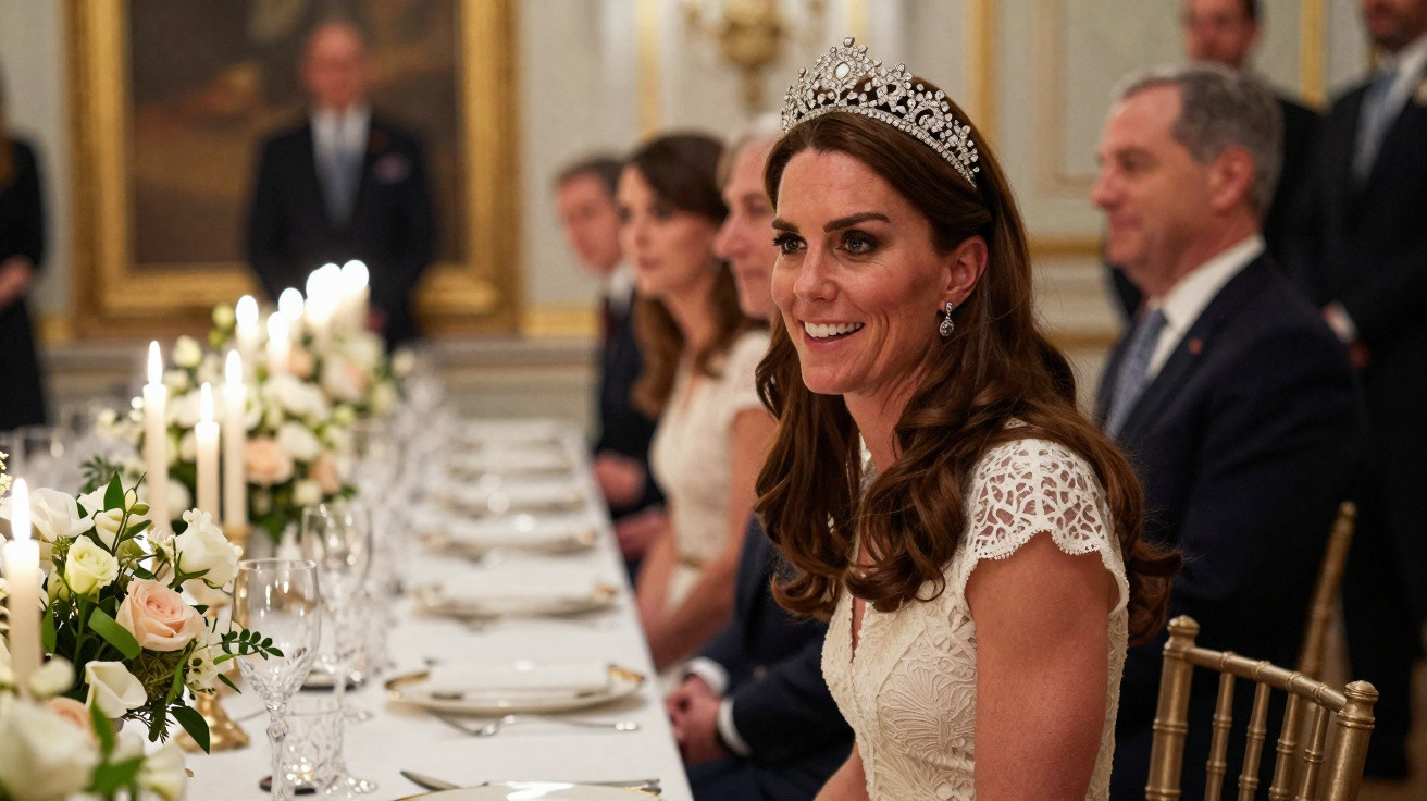 Mulher com vestido de renda e tiara sorrindo em jantar formal com decoração elegante e convidados ao fundo.