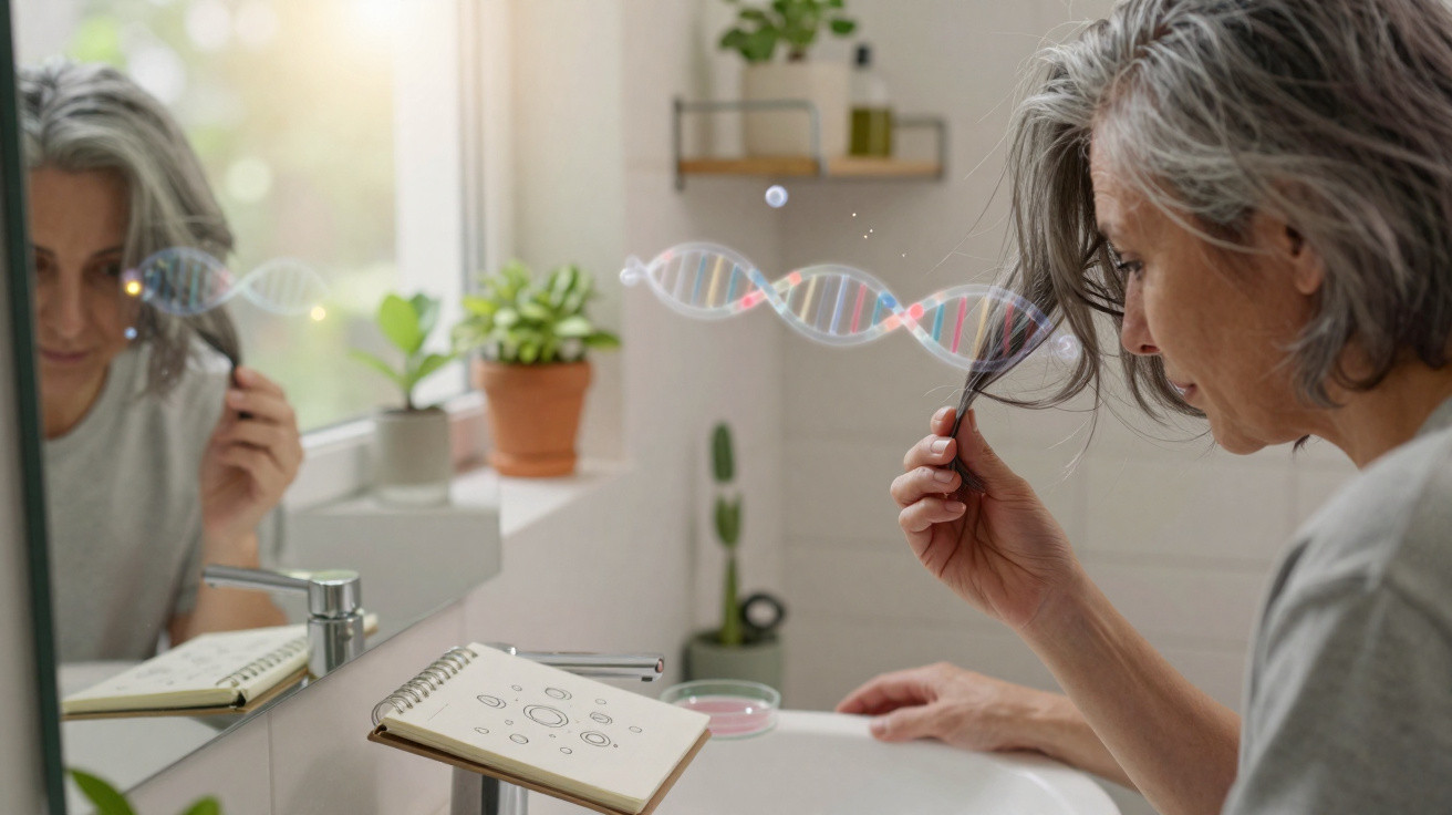 Mulher olhando cabelos grisalhos no espelho, com ilustrações de DNA flutuando ao redor.