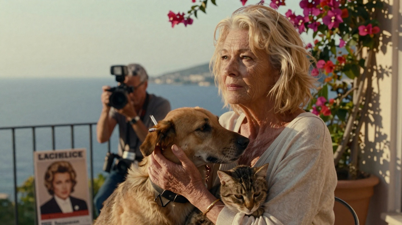 Mulher idosa abraça cachorro e gato, com fotógrafo ao fundo em varanda com flores e vista para o mar.