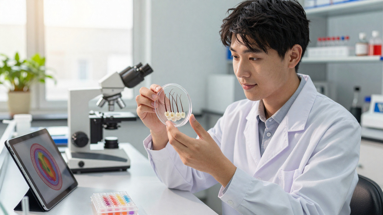 Pesquisador em laboratório analisando placa de Petri com sementes e filetes de raiz.