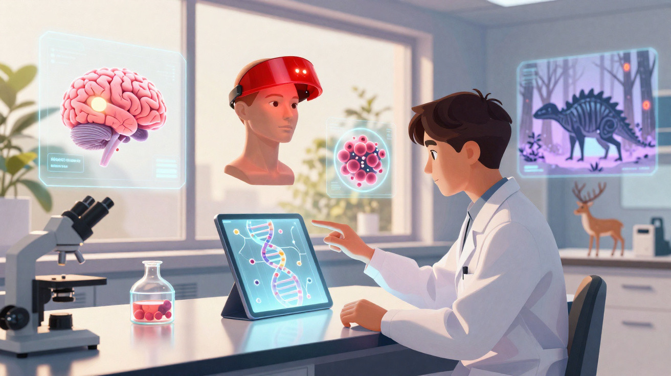 Cientista em laboratório usando tablet com imagens holográficas de DNA, cérebro, célula, cabeça humana e dinossauro.