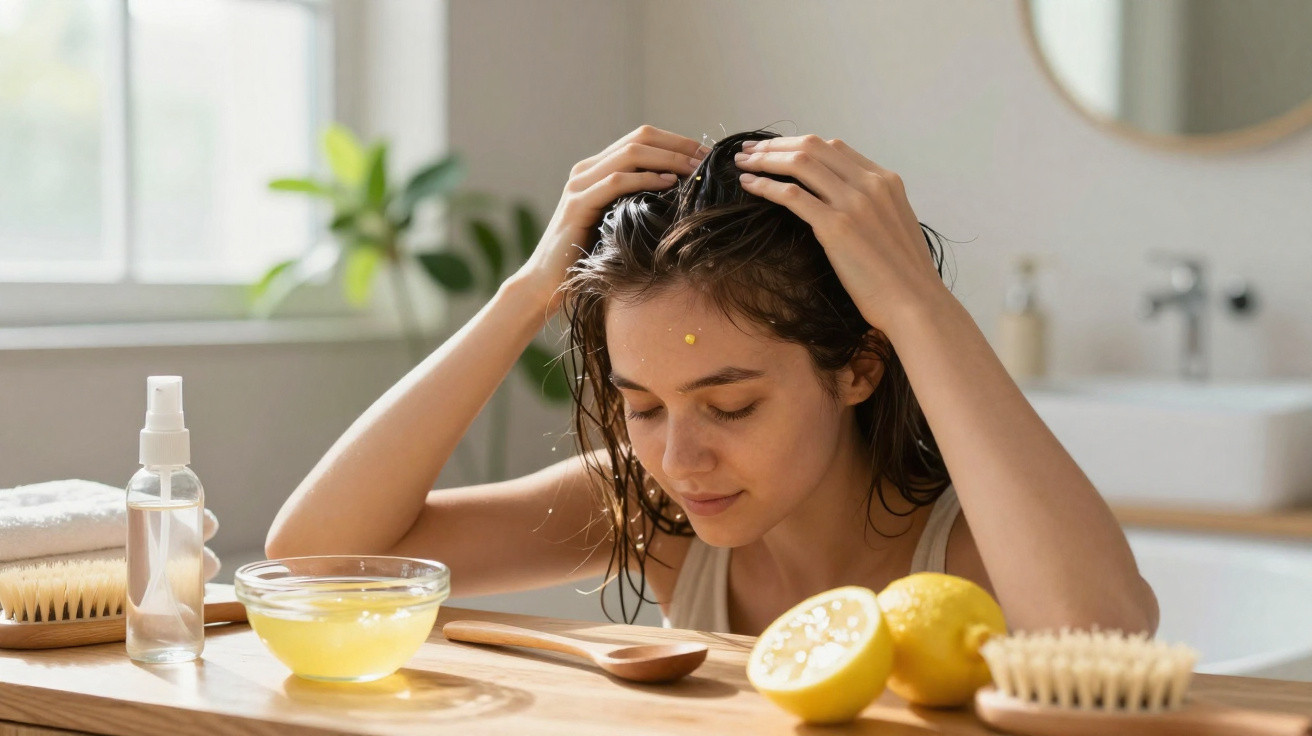 Mulher aplicando máscara facial caseira com limão na testa em banheiro com luz natural.