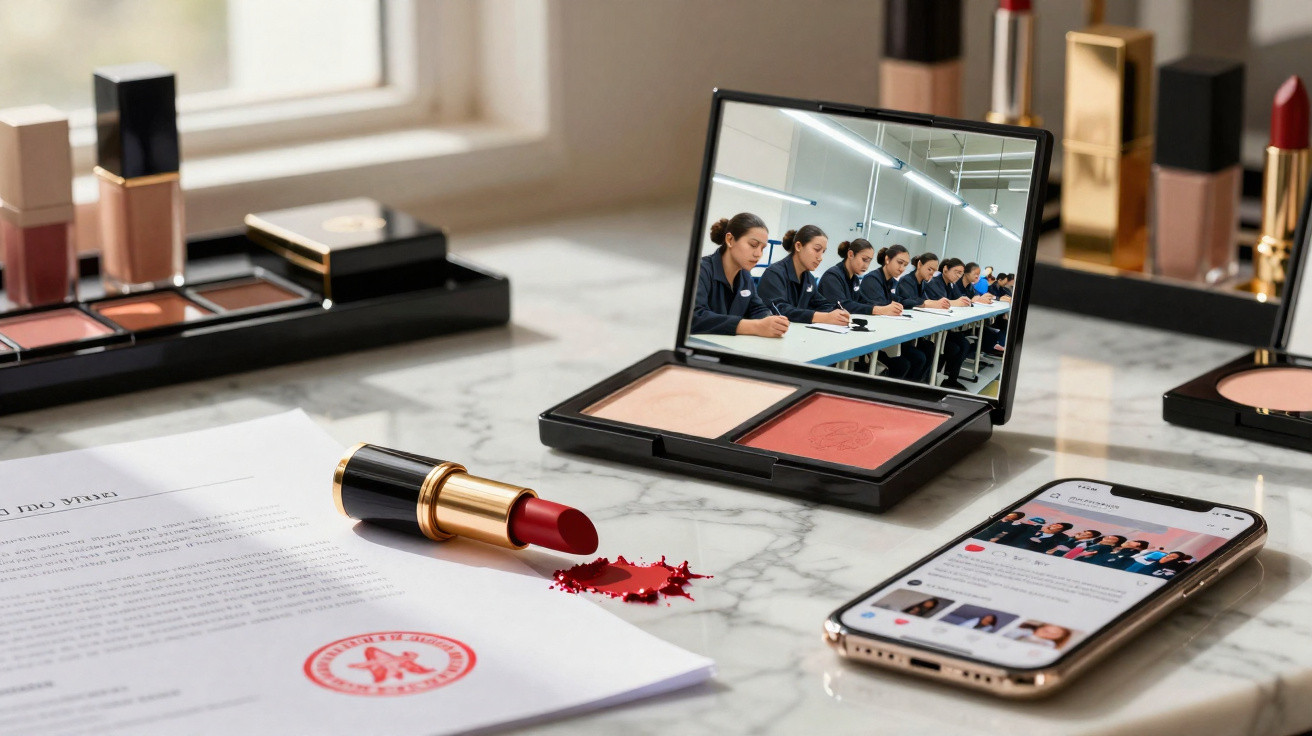 Batom vermelho sobre papel carimbado, paleta de maquiagem com espelho refletindo mulher em reunião e celular na mesa de mármo