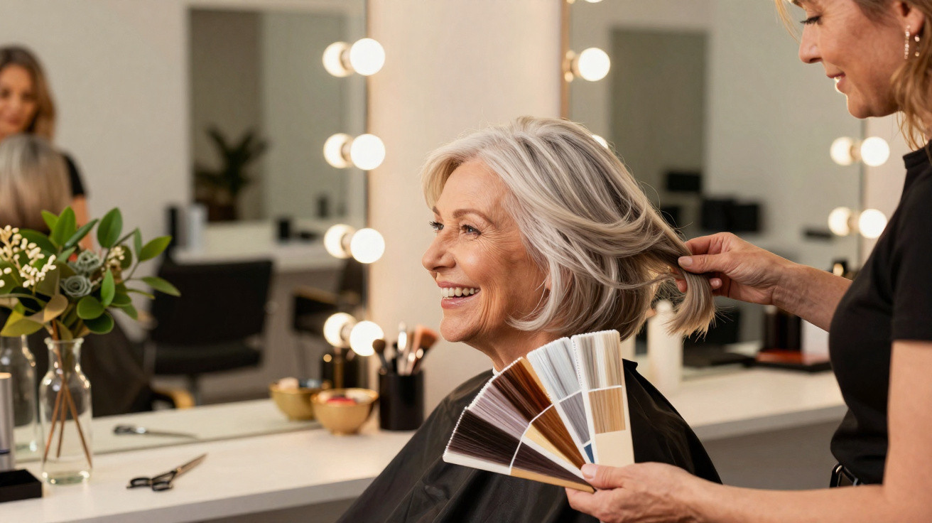 Mulher sorridente em salão de beleza escolhendo cor de cabelo com profissional com moldura de espelho iluminado.