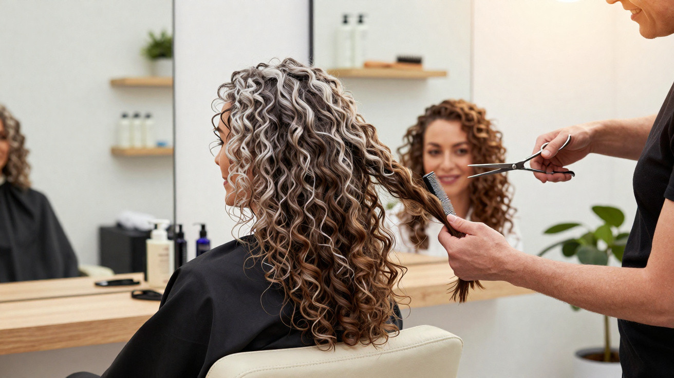 Mulher com cabelo cacheado sendo cortada por cabeleireiro em salão moderno e iluminado.