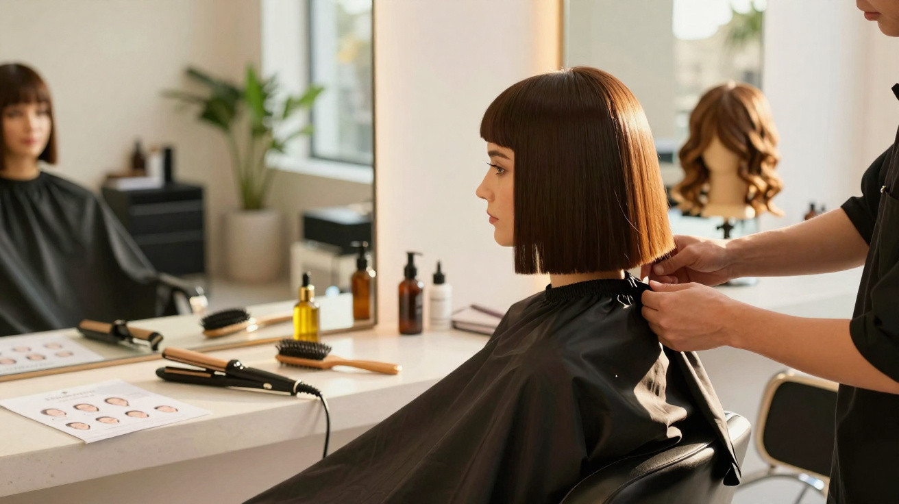 Mulher com cabelo curto e liso recebendo corte de cabelo em salão moderno, sentada diante do espelho.