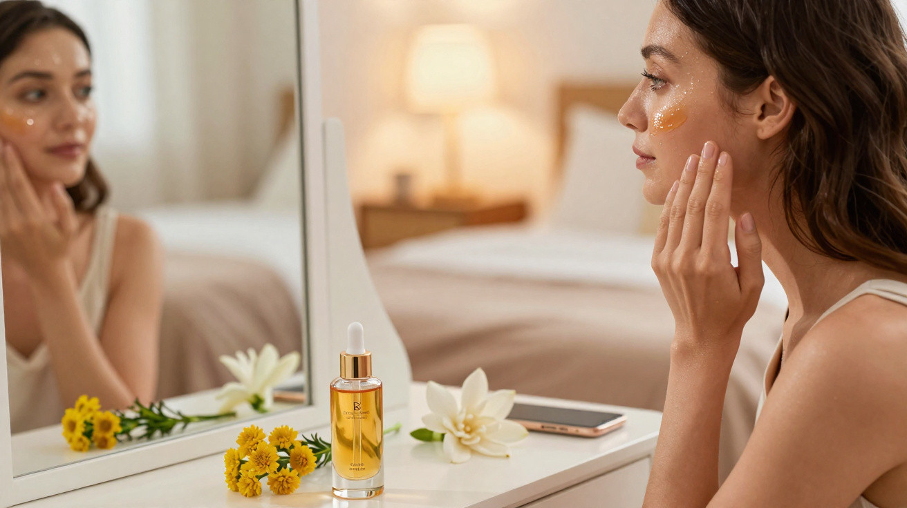 Mulher aplicando sérum facial em frente ao espelho com flores e frasco de óleo na penteadeira.