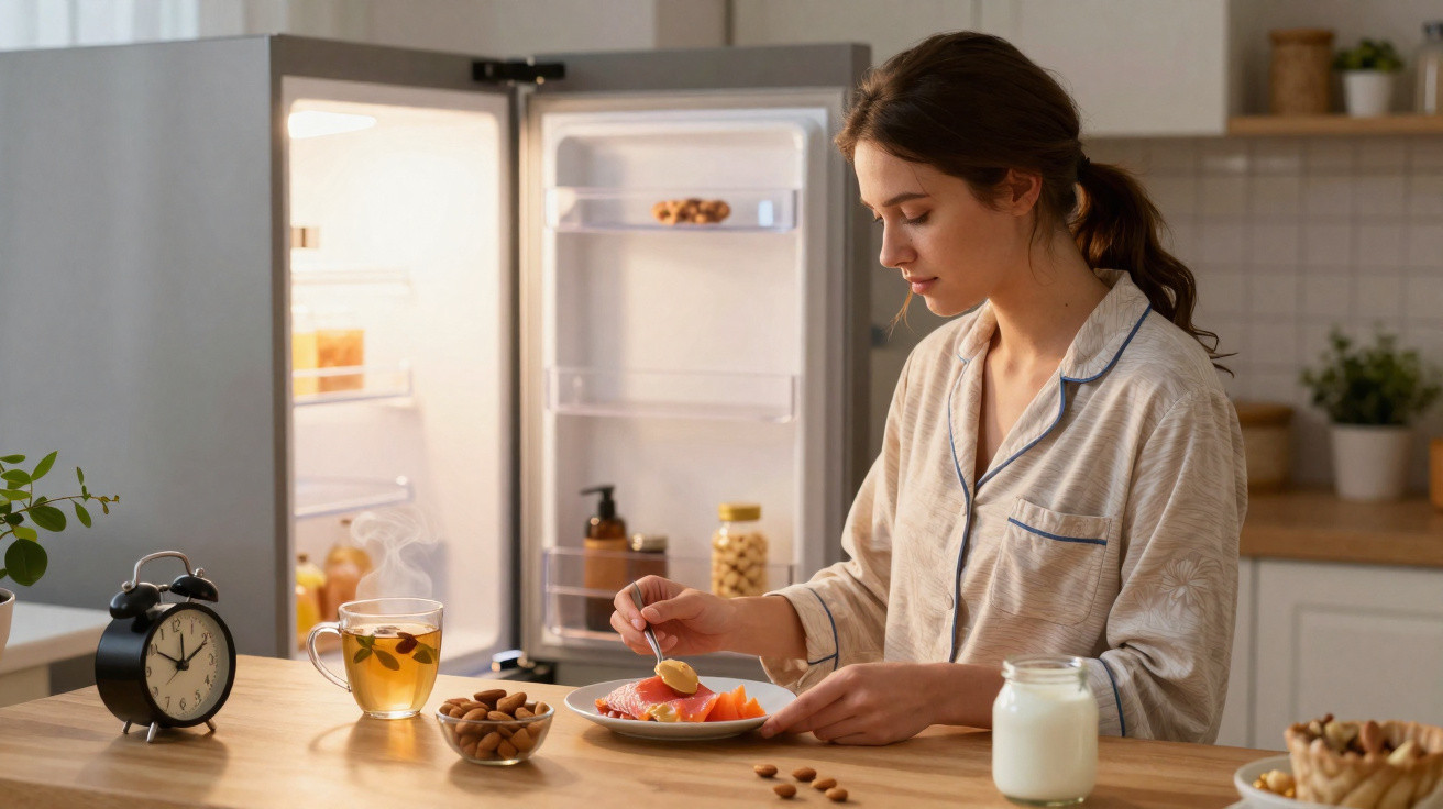 Mulher em pijama tomando café da manhã com frutas e chá na cozinha ao lado da geladeira aberta.