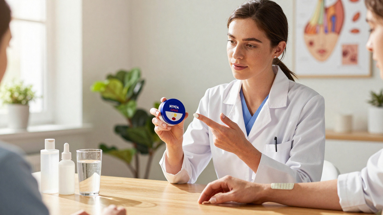 Médica em consultório explicando o uso do creme hidratante Nivea a paciente.