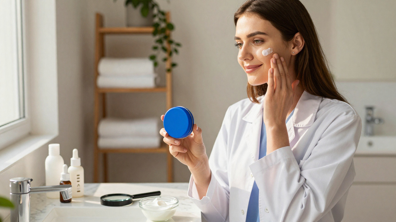 Mulher aplicando creme facial em frente ao espelho em banheiro iluminado.