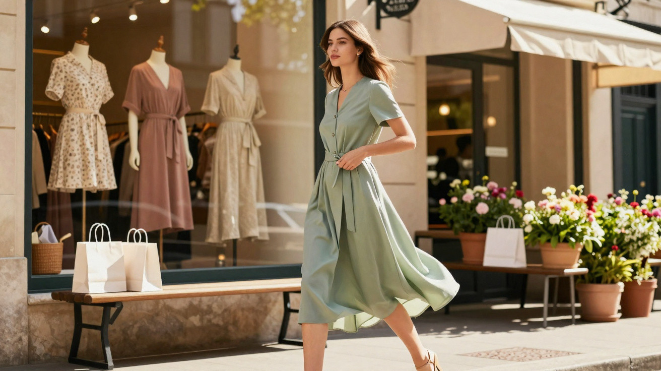 Mulher caminhando com vestido verde claro em frente a vitrine de loja de roupas femininas em dia ensolarado.