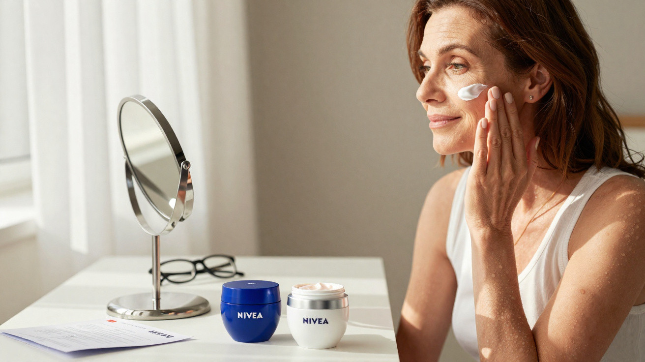 Mulher aplicando creme facial com espelho, potes de Nivea e óculos sobre mesa branca.