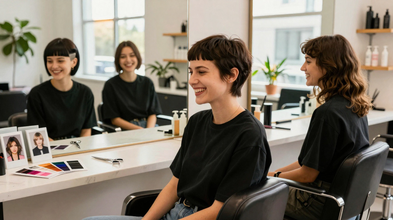 Duas mulheres sentadas em cadeiras de salão, sorrindo e olhando para o espelho em ambiente iluminado.