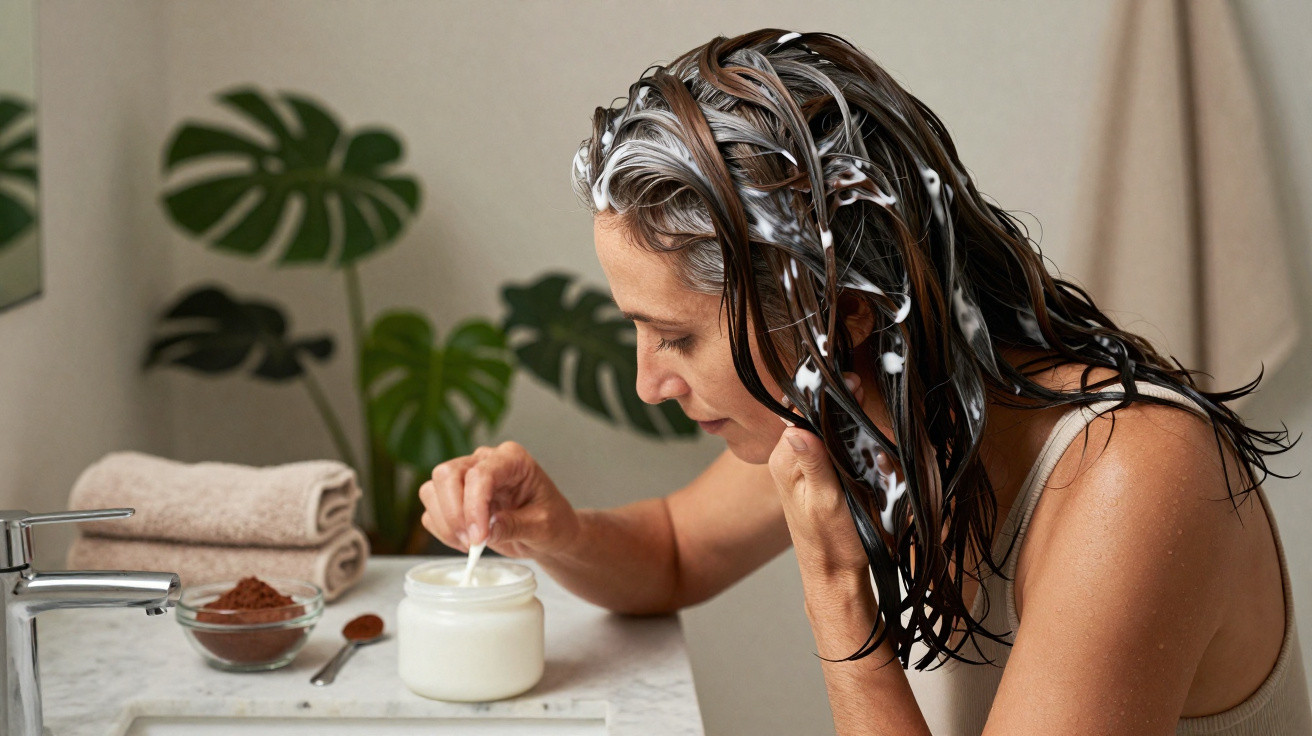 Mulher aplicando máscara capilar, cabelo molhado com produto branco, ao lado pia com toalha e tigela.