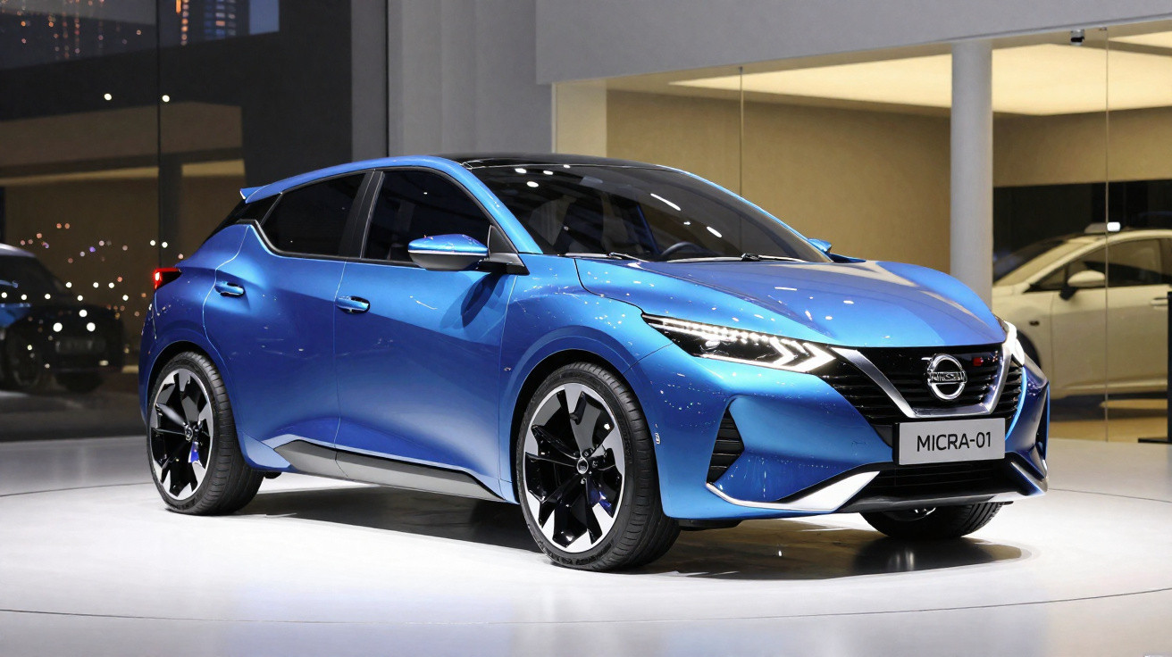 Carro esportivo compacto azul Nissan Micra-01 em exposição interna com iluminação moderna.