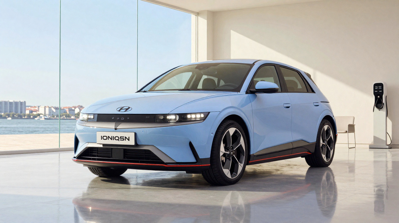 Carro elétrico Hyundai Ioniq 5N azul estacionado em ambiente interno com carregador ao fundo.