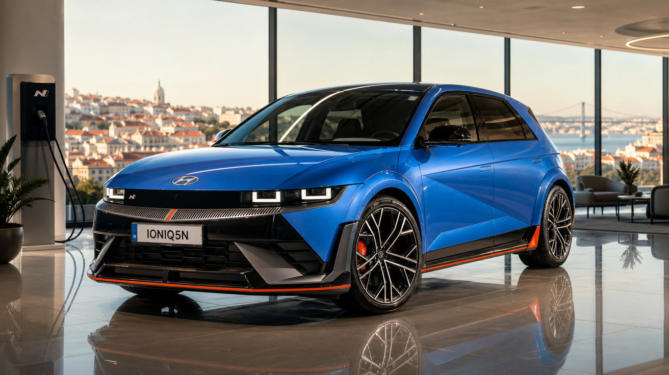 Carro elétrico Hyundai Ioniq 5 N azul em showroom moderno com vista panorâmica da cidade ao fundo.
