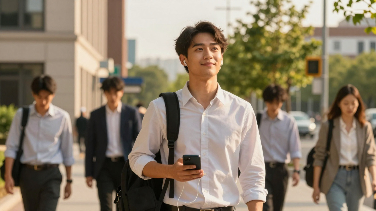 Jovem sorridente com camisa branca e mochila caminhando na cidade, segurando celular e usando fone de ouvido.