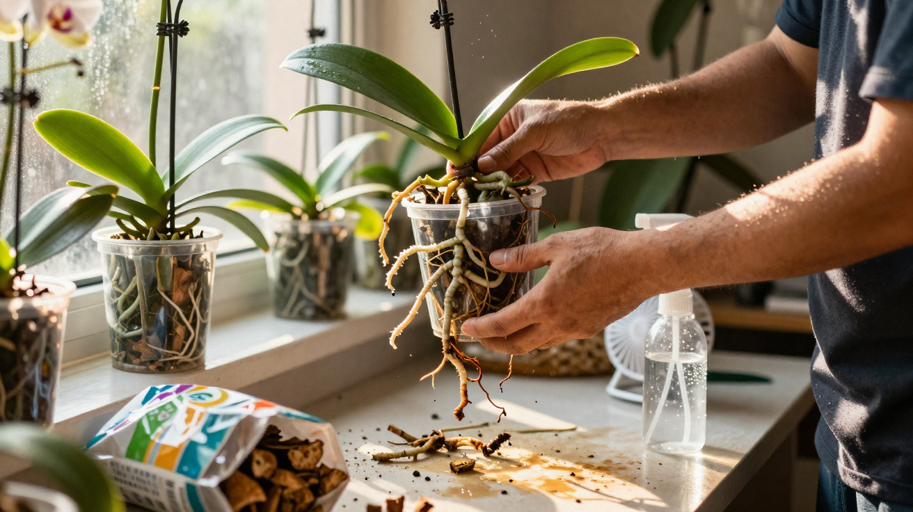 Pessoa cuidando de orquídea em vaso transparente com raízes expostas próxima à janela ensolarada.