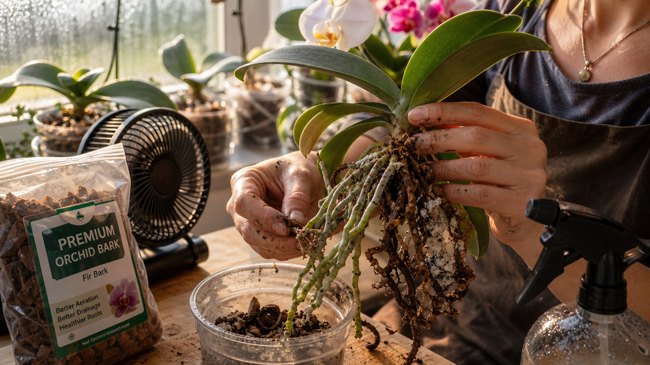 Pessoa transplantando orquídea em vaso transparente, com substrato e pulverizador ao lado, em ambiente iluminado.