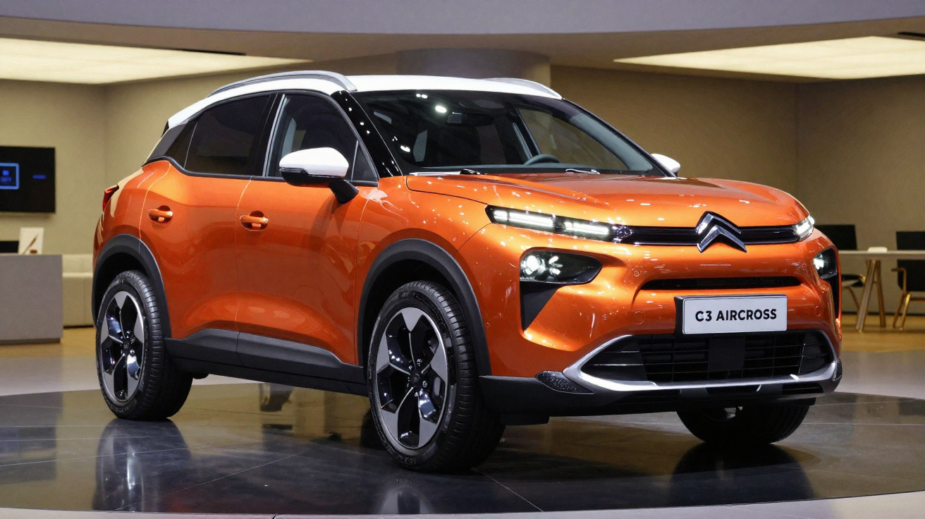 Carro SUV Citroën C3 Aircross laranja em exposição em ambiente interno moderno.