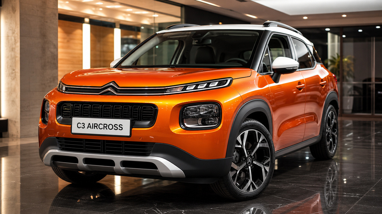 SUV Citroën C3 Aircross laranja em ambiente interno iluminado, destaque para frente e rodas.