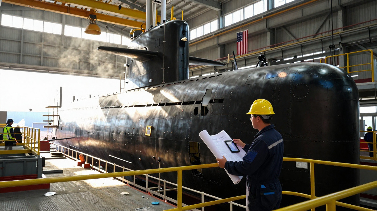 Submarino preto em doca seca com trabalhadores usando capacetes amarelos inspecionando a embarcação.