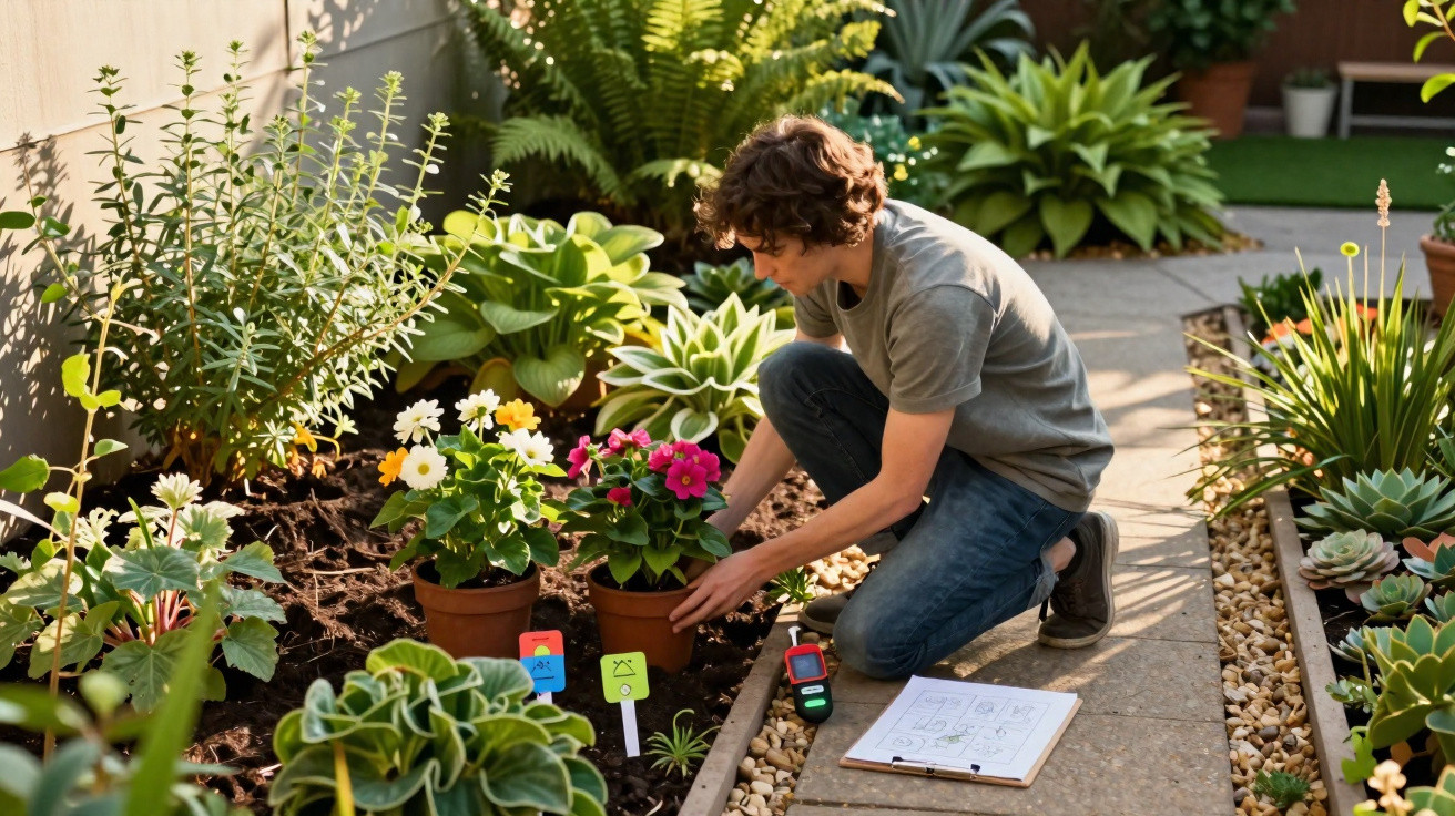 Pessoa cuidando de flores em jardim com plantas e vegetação variada em área externa.