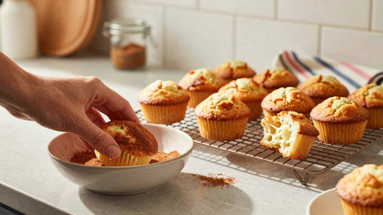 Mãos polvilhando canela em cupcake, com mais cupcakes em grade de resfriamento ao fundo.