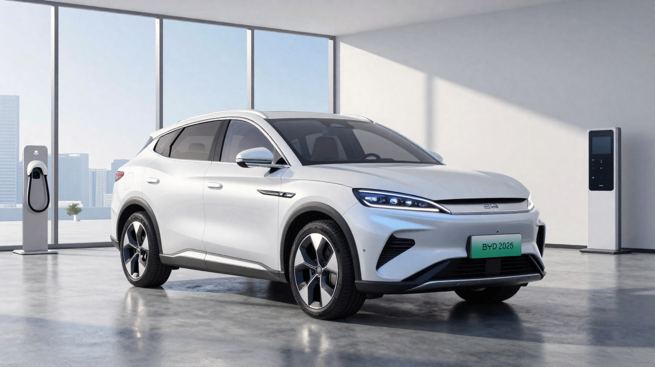 Carro elétrico branco estacionado em ambiente interno moderno com painel de recarga ao lado.