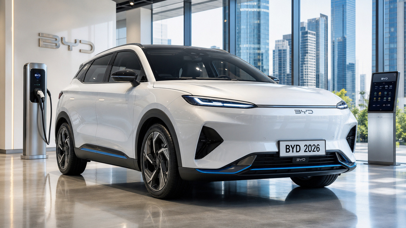 SUV elétrico branco da BYD 2026 exibido em showroom moderno com urban skyline ao fundo.