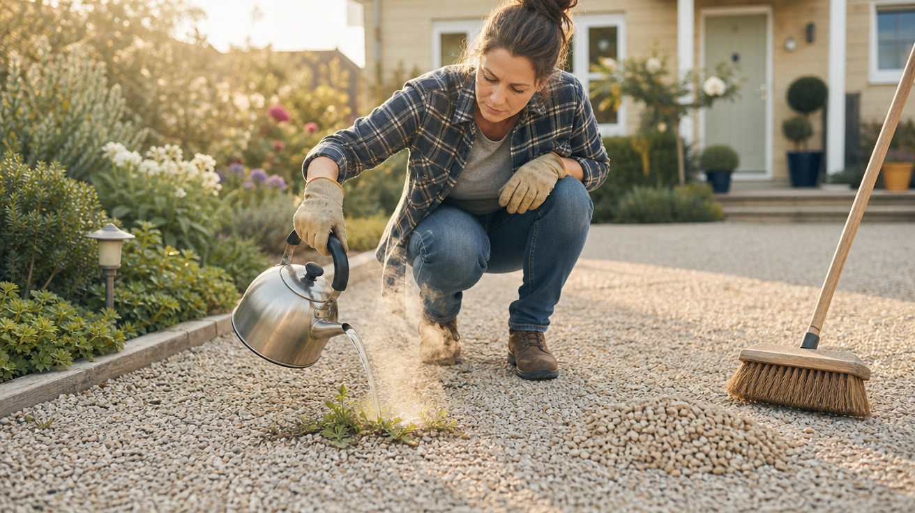 Mulher regando plantas daninhas com chaleira quente em jardim de pedras ao lado de casa.